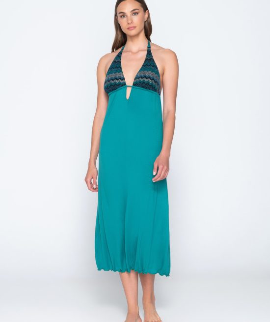 Topaz 94029 long v neck dress green front