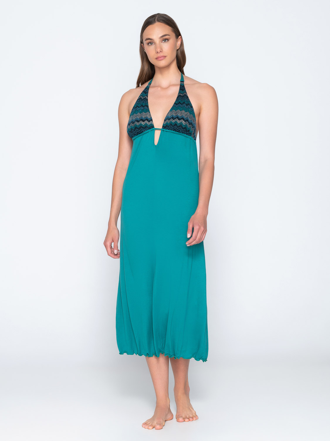 Topaz 94029 long v neck dress green front