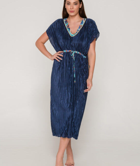 Drop 94625 long v neck dress blue front